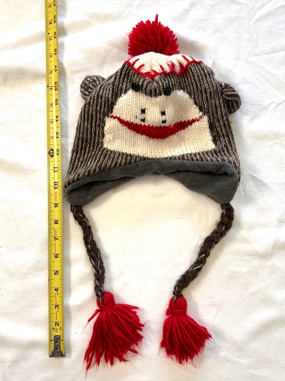 Sock Monkey Knit Earflap Hat Gray Red Pom Pom Braided Tassels Fleece Lined